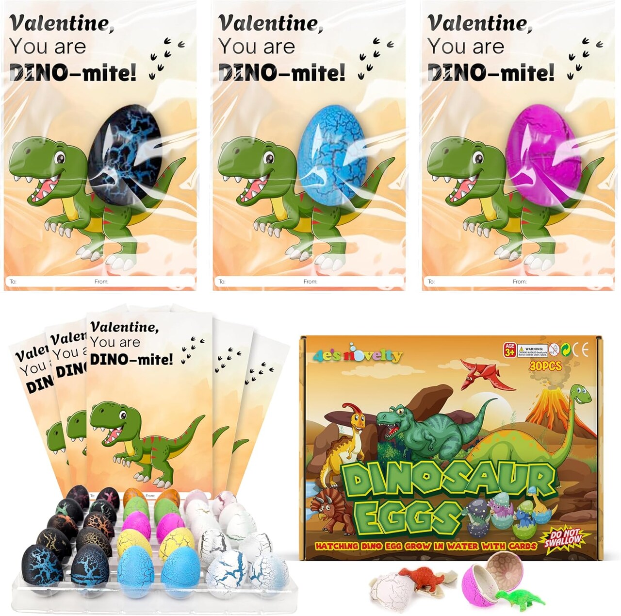 4E's Novelty 30 Pack Dinosaur Egg with Valentines Cards for Kids - Hatching Dino Eggs Grow in Water, Valentine Dinosaur Eggs Classroom Exchange Gifts, Valentines Day Party Favors for Boys Girls